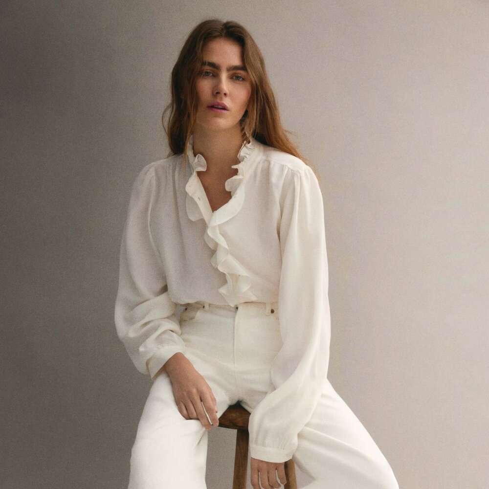 STORE CLOSING 3/30 H&M Ruffle-Collar Viscose Blouse NWOT Medium Color:White